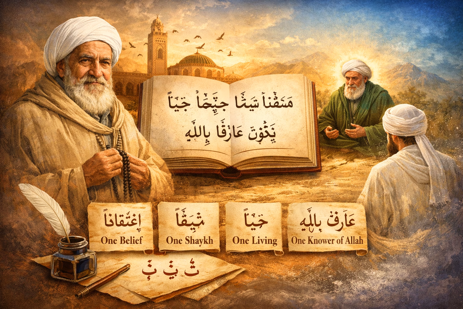 Ilustrasi Shaykh Muhammad ibn al-Habib dengan Diwan berisi bait “Mu‘taqidan shaykhan hayyan yakunu ‘arifan billah” menampilkan konsep satu keyakinan kepada satu shaykh yang hidup dan memiliki ma‘rifah kepada Allah.